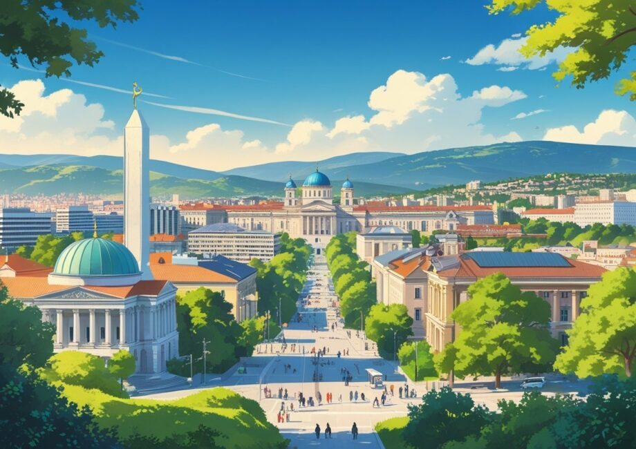 Vista panorâmica da cidade de Pristina com seus edifícios históricos e modernos, incluindo monumentos famosos, árvores e céu azul.