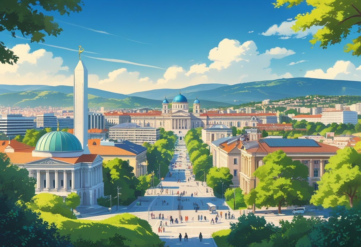 Vista panorâmica da cidade de Pristina com seus edifícios históricos e modernos, incluindo monumentos famosos, árvores e céu azul.