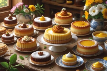 Mesa rústica com uma variedade de doces tradicionais portugueses, incluindo pastéis de nata, travesseiros de Sintra, queijadas e ovos moles, decorados com flores e pratos de cerâmica.