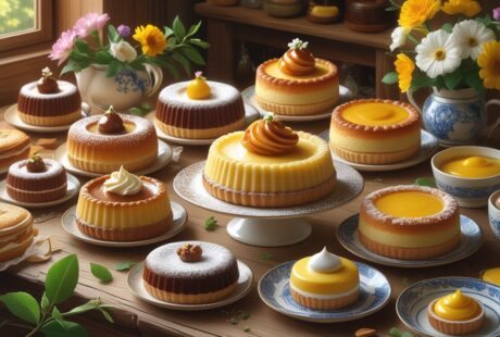 Mesa rústica com uma variedade de doces tradicionais portugueses, incluindo pastéis de nata, travesseiros de Sintra, queijadas e ovos moles, decorados com flores e pratos de cerâmica.