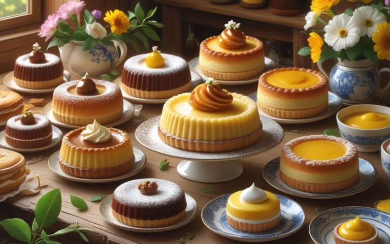 Mesa rústica com uma variedade de doces tradicionais portugueses, incluindo pastéis de nata, travesseiros de Sintra, queijadas e ovos moles, decorados com flores e pratos de cerâmica.