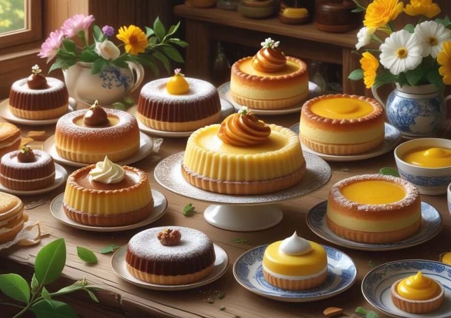 Mesa rústica com uma variedade de doces tradicionais portugueses, incluindo pastéis de nata, travesseiros de Sintra, queijadas e ovos moles, decorados com flores e pratos de cerâmica.