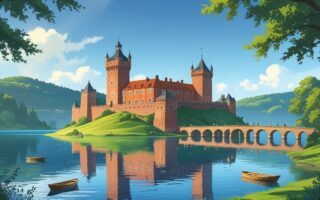 Castelo de Trakai em uma ilha cercada por um lago tranquilo, com árvores verdes ao redor e um céu claro.