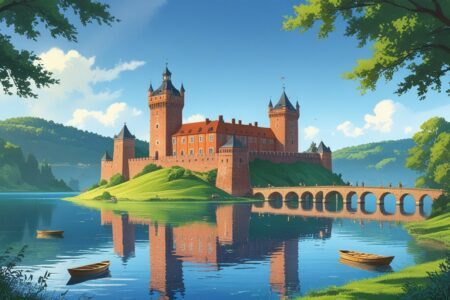 Castelo de Trakai em uma ilha cercada por um lago tranquilo, com árvores verdes ao redor e um céu claro.