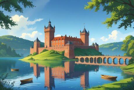 Castelo de Trakai em uma ilha cercada por um lago tranquilo, com árvores verdes ao redor e um céu claro.