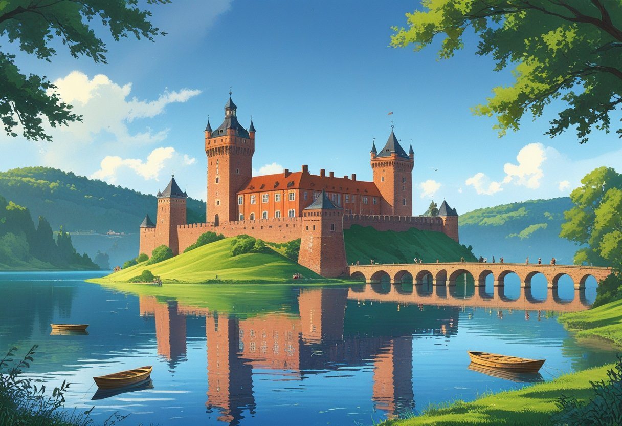 Castelo de Trakai em uma ilha cercada por um lago tranquilo, com árvores verdes ao redor e um céu claro.