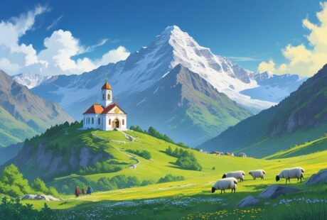 Montanha Kazbek com pico nevado ao fundo, igreja Gergeti Trinity na colina verde com flores silvestres, pastores georgianos com ovelhas pastando.