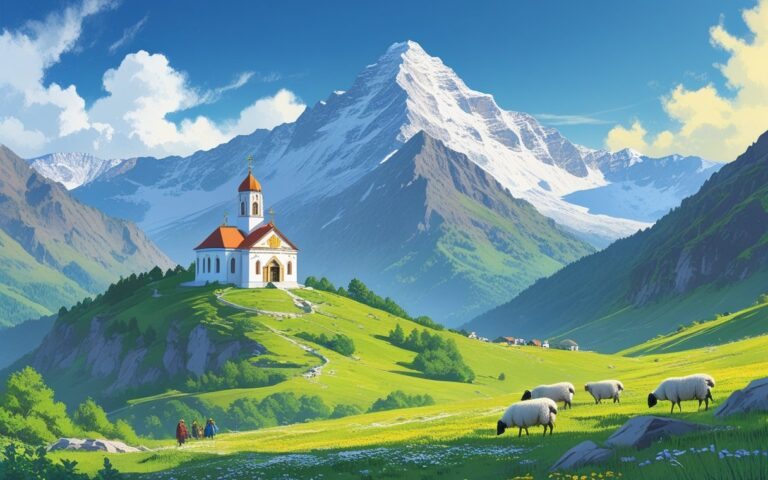 Montanha Kazbek com pico nevado ao fundo, igreja Gergeti Trinity na colina verde com flores silvestres, pastores georgianos com ovelhas pastando.