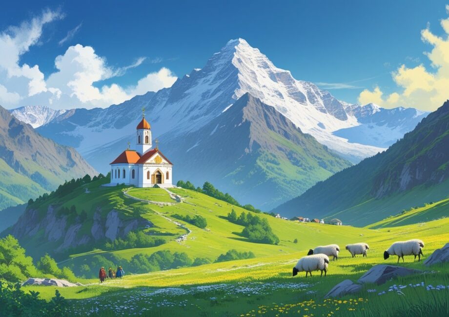 Montanha Kazbek com pico nevado ao fundo, igreja Gergeti Trinity na colina verde com flores silvestres, pastores georgianos com ovelhas pastando.