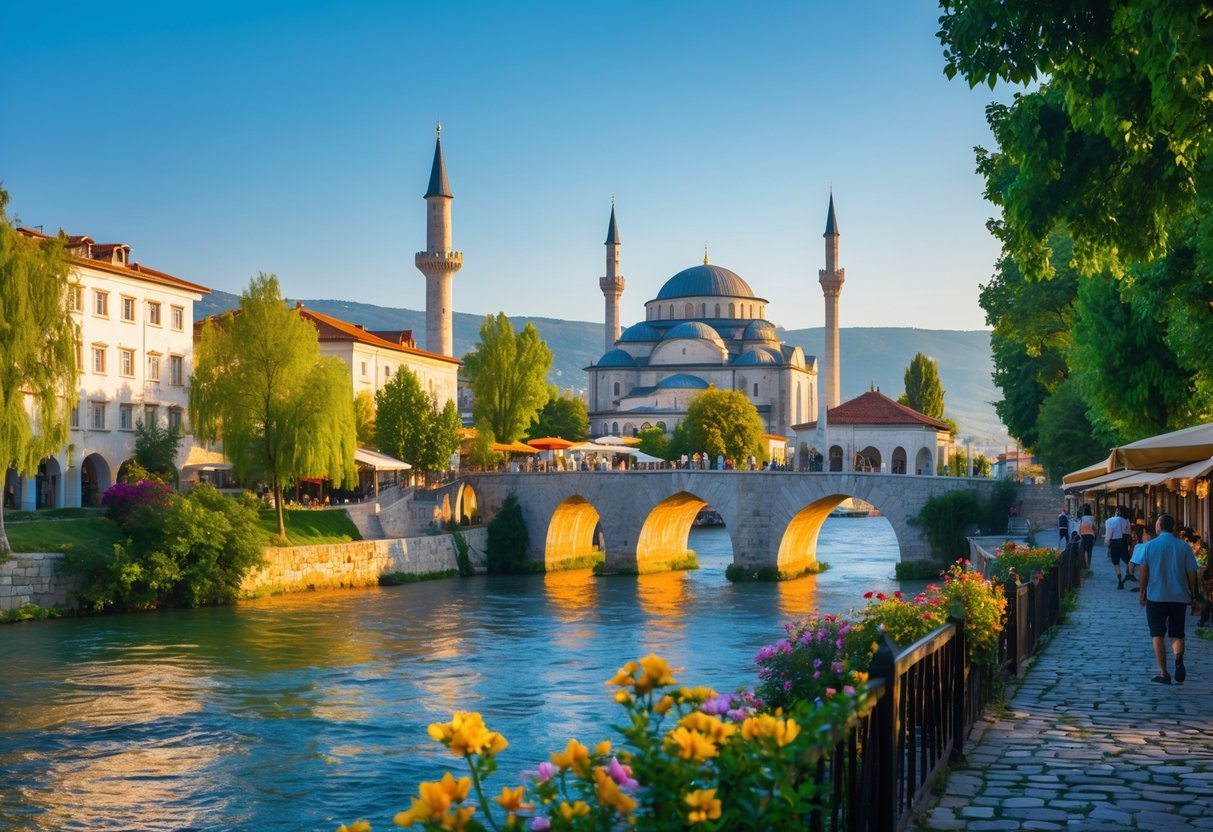Vista da cidade de Prizren com a ponte sobre o rio, edifícios históricos, mesquita ao fundo e pessoas caminhando nas ruas.