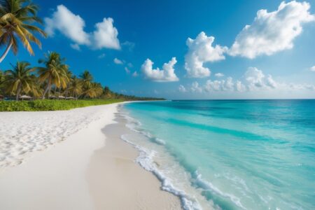 Praia tropical com areia branca, mar azul cristalino e coqueiros ao longo da costa sob céu azul com poucas nuvens.