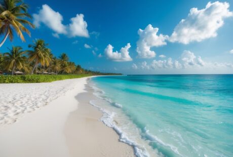 Praia tropical com areia branca, mar azul cristalino e coqueiros ao longo da costa sob céu azul com poucas nuvens.