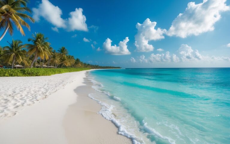 Praia tropical com areia branca, mar azul cristalino e coqueiros ao longo da costa sob céu azul com poucas nuvens.