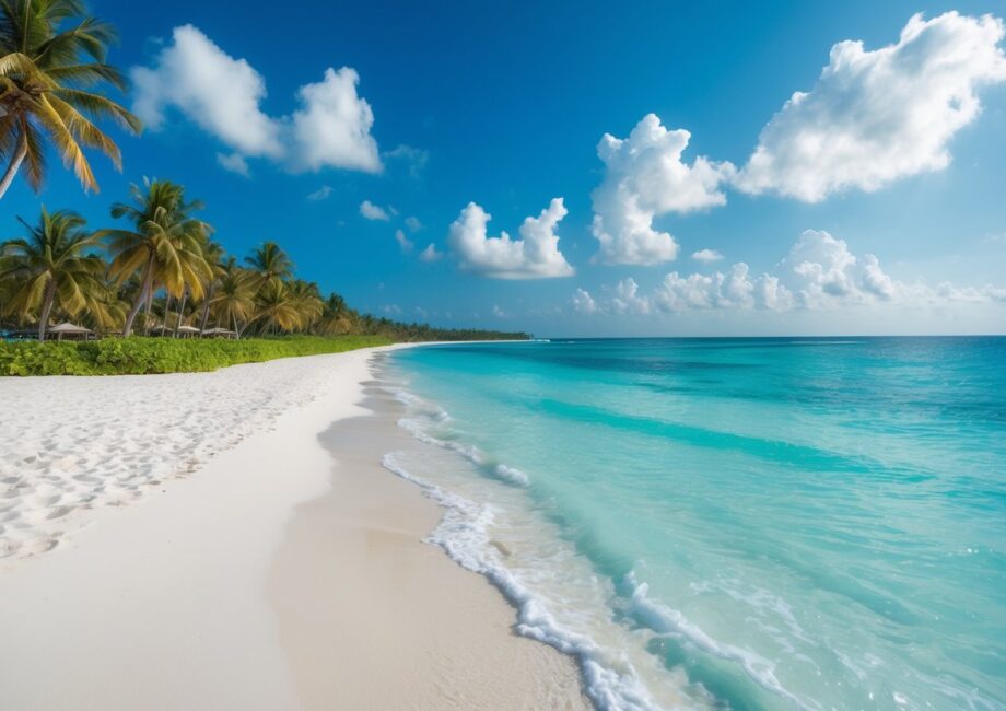 Praia tropical com areia branca, mar azul cristalino e coqueiros ao longo da costa sob céu azul com poucas nuvens.