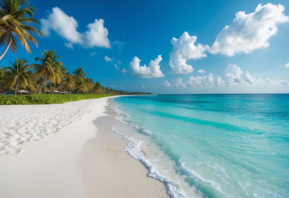 Praia tropical com areia branca, mar azul cristalino e coqueiros ao longo da costa sob céu azul com poucas nuvens.