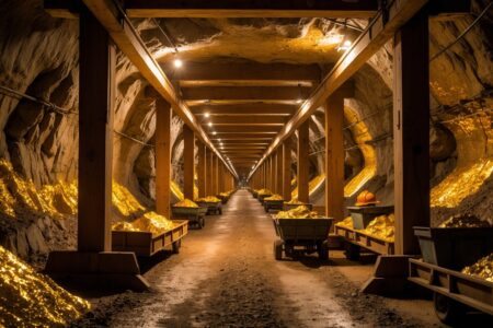 Túnel subterrâneo de mina de ouro com suportes de madeira e equipamentos de mineração.