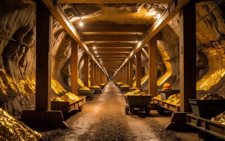 Túnel subterrâneo de mina de ouro com suportes de madeira e equipamentos de mineração.