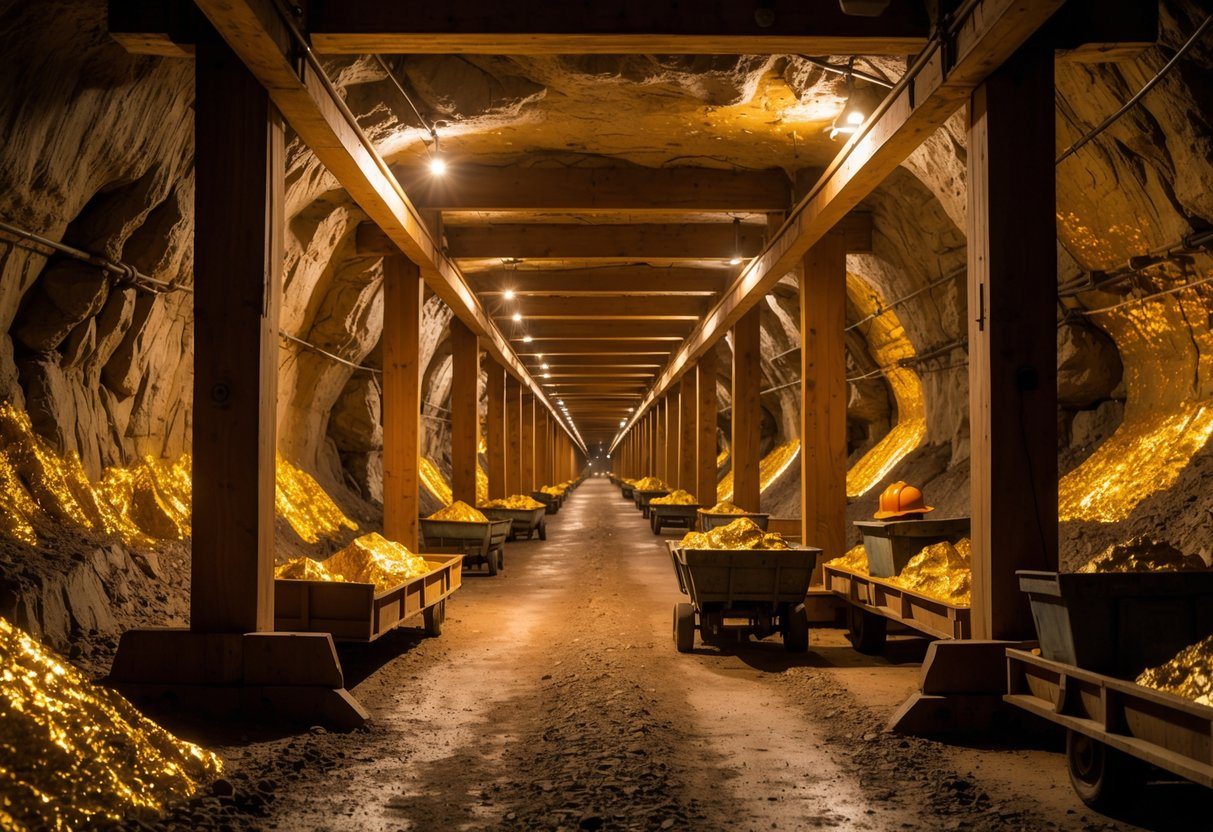 Túnel subterrâneo de mina de ouro com suportes de madeira e equipamentos de mineração.