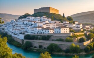 Vista panorâmica da cidade histórica de Berat, Albânia, com casas brancas tradicionais em uma colina, castelo antigo no topo e rio ao redor.