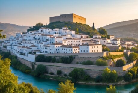 Vista panorâmica da cidade histórica de Berat, Albânia, com casas brancas tradicionais em uma colina, castelo antigo no topo e rio ao redor.