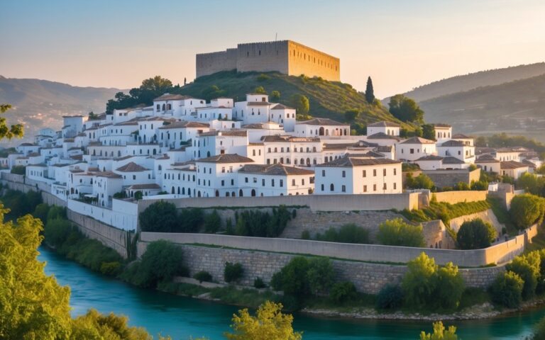 Vista panorâmica da cidade histórica de Berat, Albânia, com casas brancas tradicionais em uma colina, castelo antigo no topo e rio ao redor.