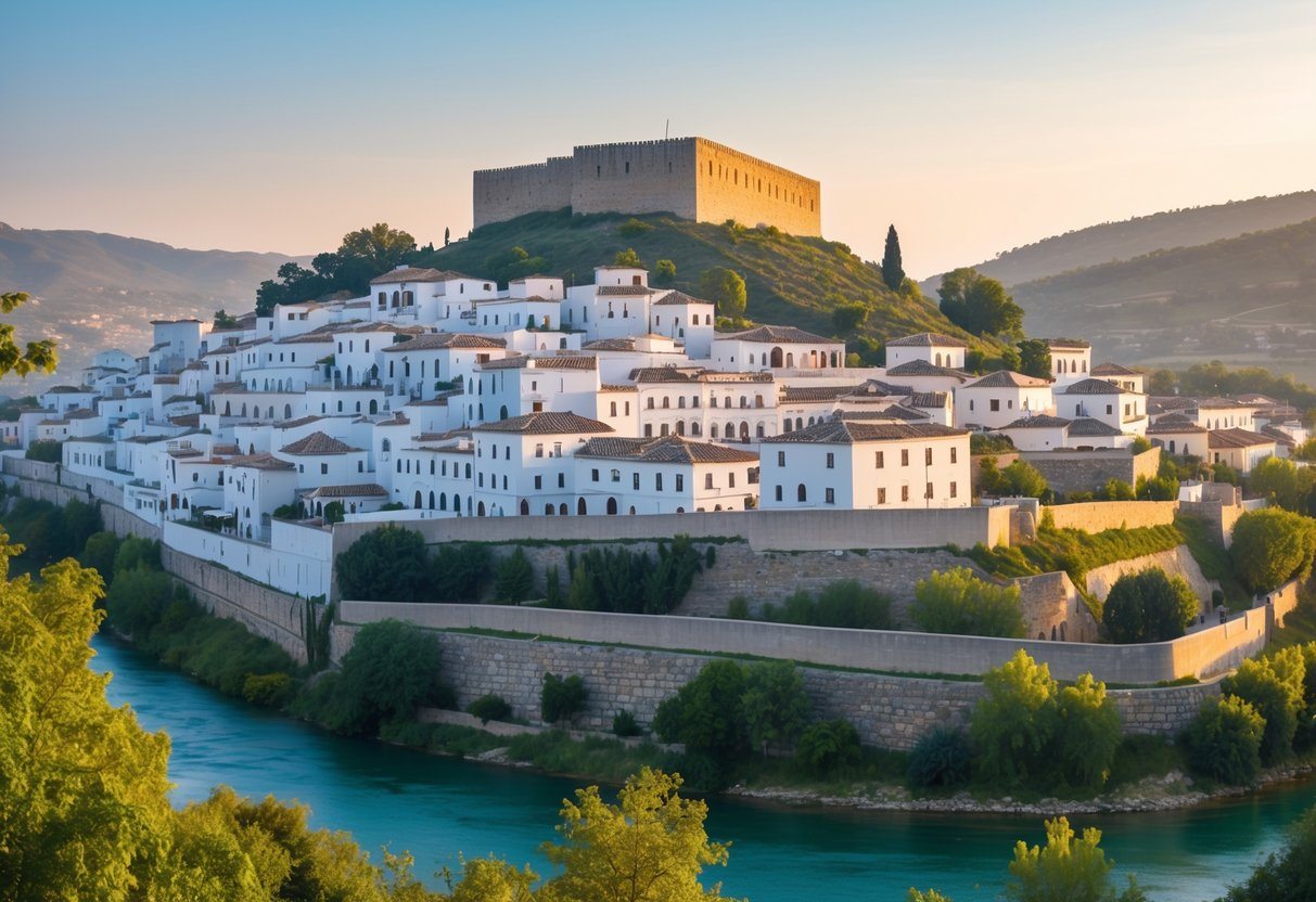Vista panorâmica da cidade histórica de Berat, Albânia, com casas brancas tradicionais em uma colina, castelo antigo no topo e rio ao redor.