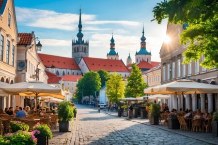 Vista da cidade histórica de Tallinn com ruas de paralelepípedos, telhados vermelhos, torres antigas, cafés ao ar livre e árvores verdes sob céu azul.