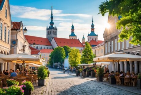 Vista da cidade histórica de Tallinn com ruas de paralelepípedos, telhados vermelhos, torres antigas, cafés ao ar livre e árvores verdes sob céu azul.