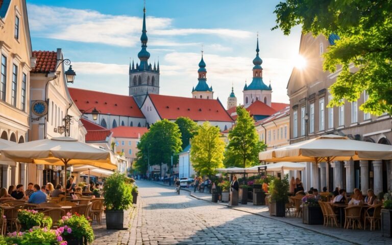 Vista da cidade histórica de Tallinn com ruas de paralelepípedos, telhados vermelhos, torres antigas, cafés ao ar livre e árvores verdes sob céu azul.