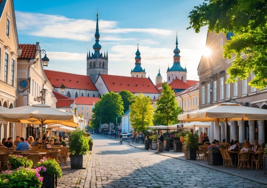Vista da cidade histórica de Tallinn com ruas de paralelepípedos, telhados vermelhos, torres antigas, cafés ao ar livre e árvores verdes sob céu azul.