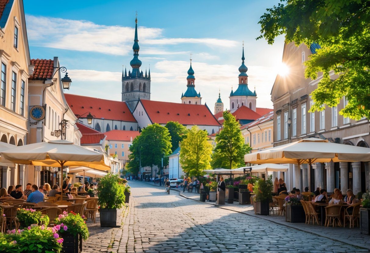Vista da cidade histórica de Tallinn com ruas de paralelepípedos, telhados vermelhos, torres antigas, cafés ao ar livre e árvores verdes sob céu azul.