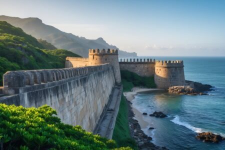 Forte Santa Teresa com suas paredes de pedra, vegetação ao redor e o mar ao fundo sob um céu claro.