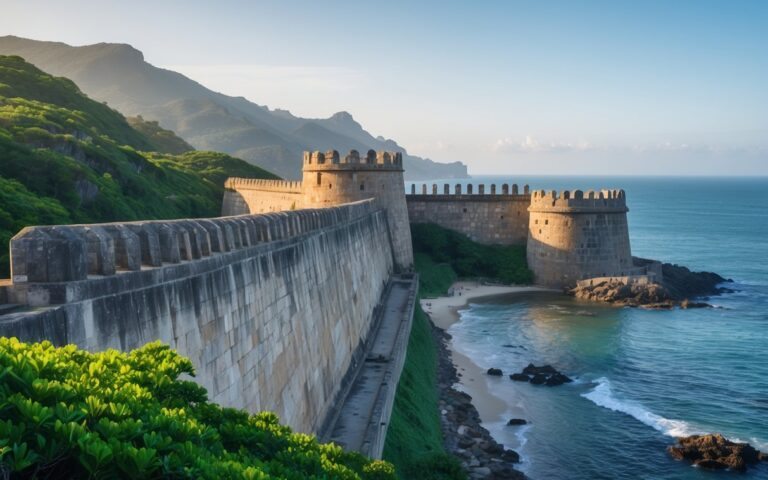 Forte Santa Teresa com suas paredes de pedra, vegetação ao redor e o mar ao fundo sob um céu claro.