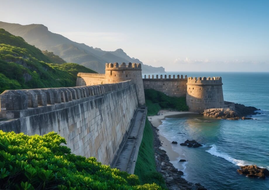 Forte Santa Teresa com suas paredes de pedra, vegetação ao redor e o mar ao fundo sob um céu claro.