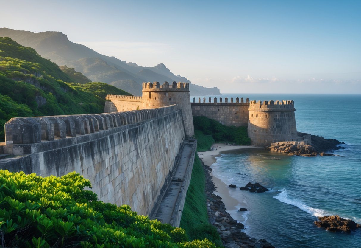 Forte Santa Teresa com suas paredes de pedra, vegetação ao redor e o mar ao fundo sob um céu claro.