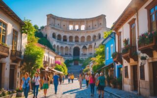 Vista da antiga cidade de Plovdiv com o teatro romano ao fundo e pessoas caminhando pelas ruas de paralelepípedos cercadas por casas tradicionais coloridas e flores.