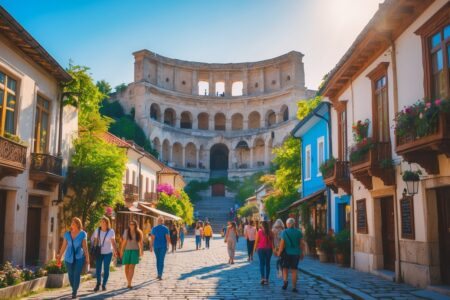 Vista da antiga cidade de Plovdiv com o teatro romano ao fundo e pessoas caminhando pelas ruas de paralelepípedos cercadas por casas tradicionais coloridas e flores.