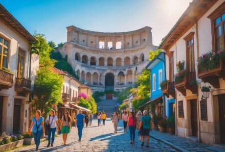 Vista da antiga cidade de Plovdiv com o teatro romano ao fundo e pessoas caminhando pelas ruas de paralelepípedos cercadas por casas tradicionais coloridas e flores.