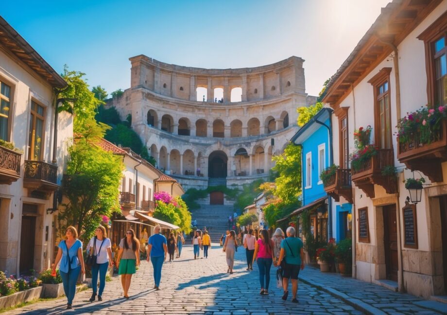 Vista da antiga cidade de Plovdiv com o teatro romano ao fundo e pessoas caminhando pelas ruas de paralelepípedos cercadas por casas tradicionais coloridas e flores.