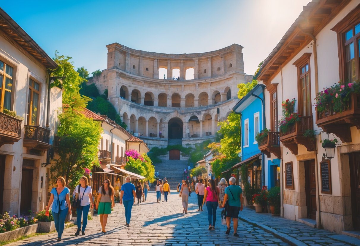 Vista da antiga cidade de Plovdiv com o teatro romano ao fundo e pessoas caminhando pelas ruas de paralelepípedos cercadas por casas tradicionais coloridas e flores.