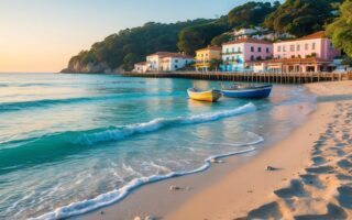 Praia tranquila com areia, mar calmo, barcos pequenos e casas coloridas ao fundo em La Paloma, Uruguai.