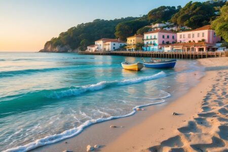 Praia tranquila com areia, mar calmo, barcos pequenos e casas coloridas ao fundo em La Paloma, Uruguai.