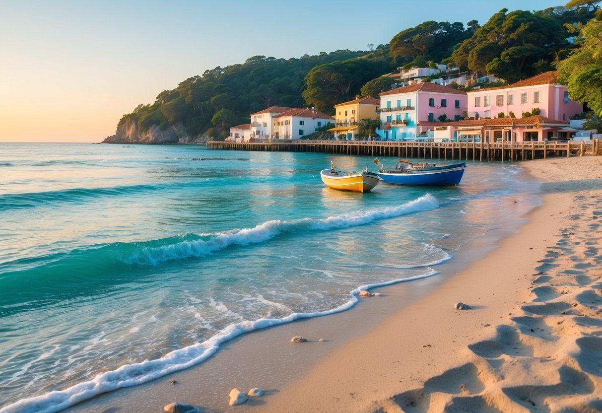 Praia tranquila com areia, mar calmo, barcos pequenos e casas coloridas ao fundo em La Paloma, Uruguai.