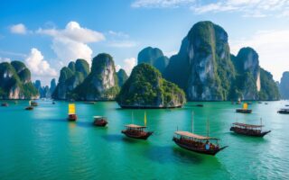 Vista da Baía de Halong com águas verdes, ilhas de calcário cobertas por vegetação e barcos tradicionais no mar.