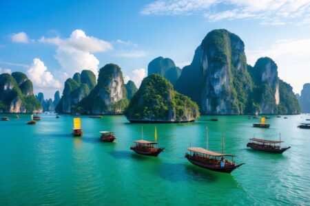 Vista da Baía de Halong com águas verdes, ilhas de calcário cobertas por vegetação e barcos tradicionais no mar.
