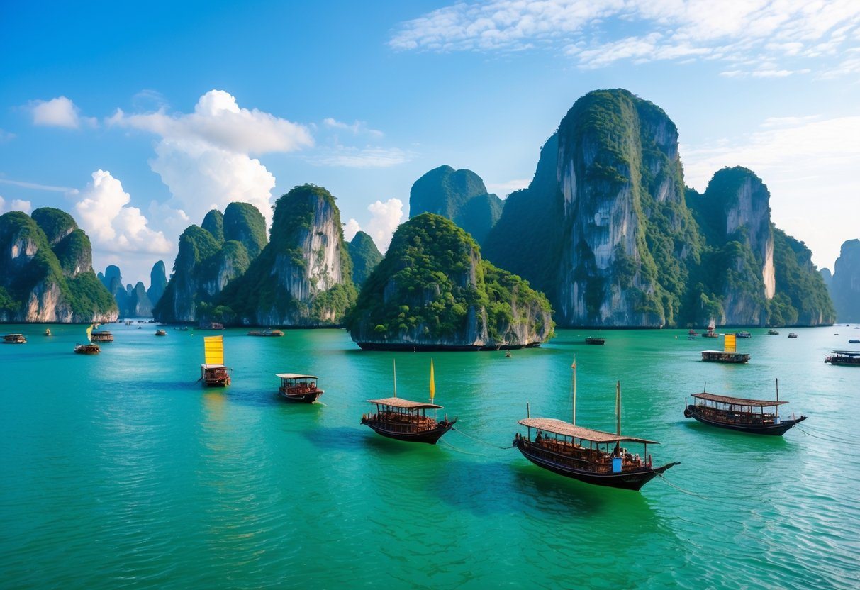 Vista da Baía de Halong com águas verdes, ilhas de calcário cobertas por vegetação e barcos tradicionais no mar.