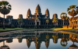 Templo antigo de Angkor Wat em Siem Reap refletido em um lago calmo, cercado por vegetação verde sob luz suave do entardecer.