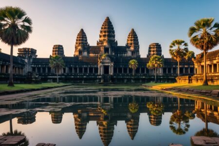 Templo antigo de Angkor Wat em Siem Reap refletido em um lago calmo, cercado por vegetação verde sob luz suave do entardecer.
