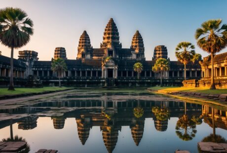 Templo antigo de Angkor Wat em Siem Reap refletido em um lago calmo, cercado por vegetação verde sob luz suave do entardecer.