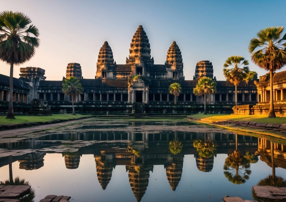 Templo antigo de Angkor Wat em Siem Reap refletido em um lago calmo, cercado por vegetação verde sob luz suave do entardecer.